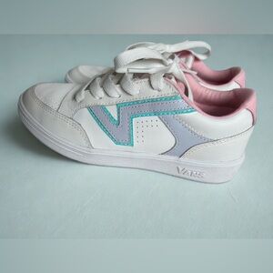 Vans White Sneakers with Blue and Pink Accents